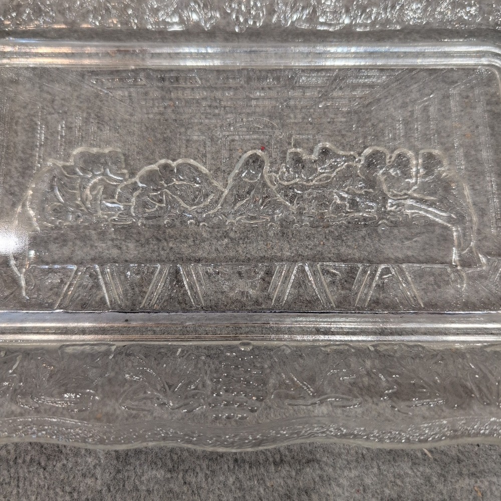 Tiara Indiana Glass Last Supper Bread Tray and Trinket Dish Set Clear Green - Picture 2 of 7